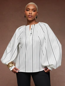Vixey Women's Vertical Striped Stand Collar Loose Lantern Sleeve Blouse, Single-Breasted Slouchy Oversized Long Sleeve Top - White - View 3