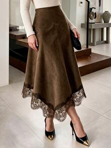Modelyn Women's Brown Woven Lace Patchwork Asymmetrical Hem Lace Trim Elegant Skirt - Brown - View 3