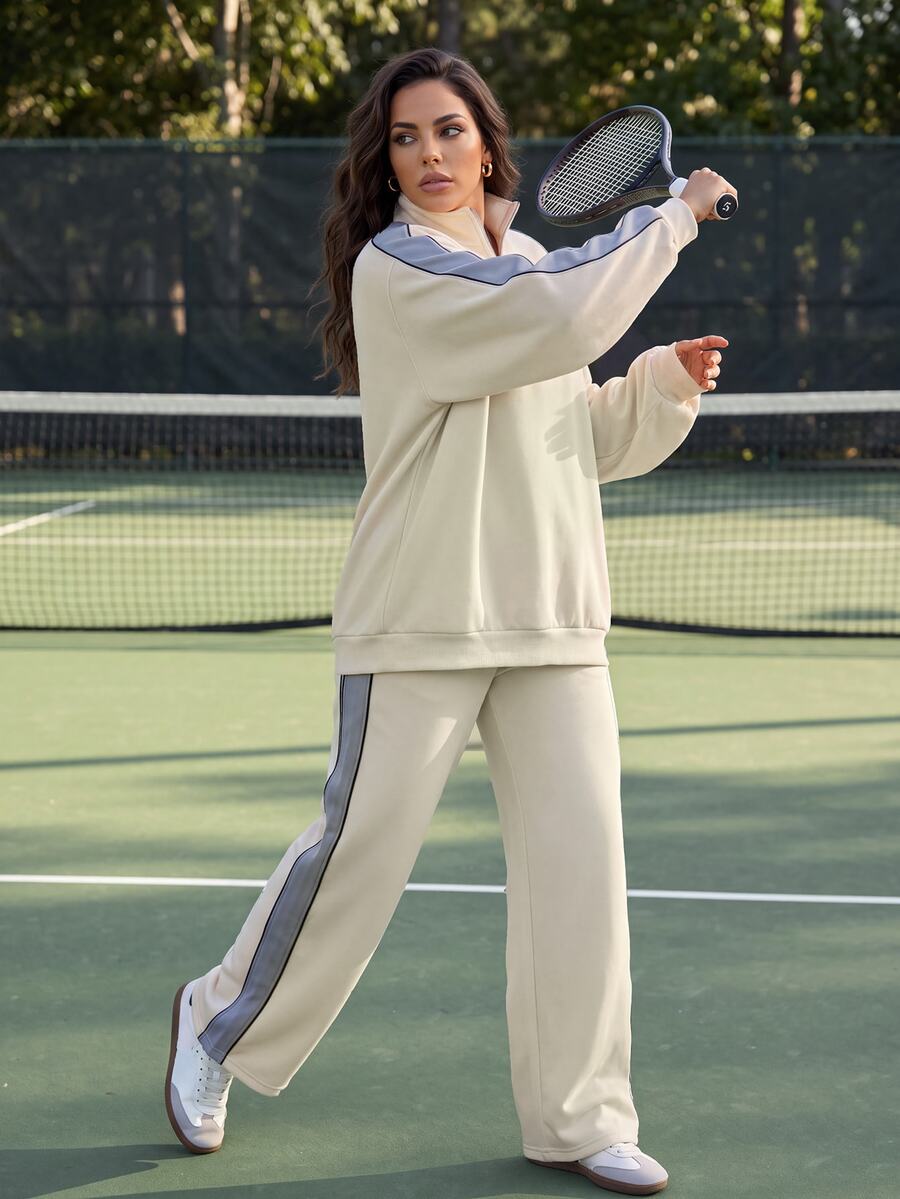 EMERY ROSE Plus Size Zip-Up Half-Placket Long Sleeve Sweatshirt And Striped Colorblock Pants With Pockets 2 Pieces Set - Beige - View 1