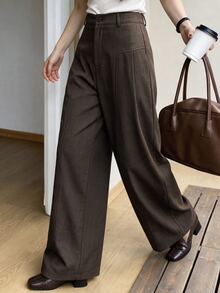 SHEIN PariChic Women's Solid Color Button & Zipper Casual Versatile Wide Leg Pants, Commuter Outfit - Brown - View 9