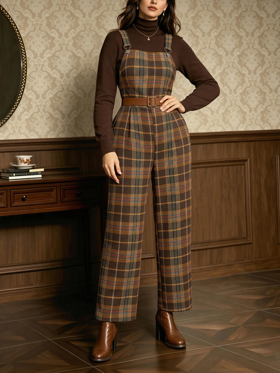 Auvina Plus Size Vintage Plaid Commuter Jumpsuit - Brown - View 1