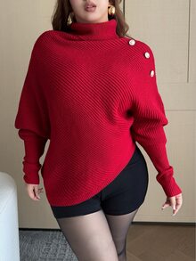 Vibekara Autumn/Winter Design Asymmetrical Red Batwing Sleeve High Neck Pullover Sweater - Red - View 1