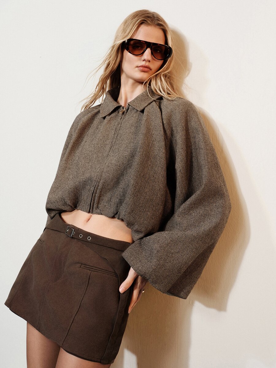 Aveloria Modichic Herringbone Fabric Lantern Puff Sleeve Balloon Silhouette Fashionable Versatile Elegant Jacket - Coffee Brown - View 1
