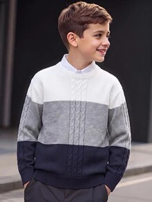 SHEIN Kids Tween Boy Casual Crew Neck Colorblock Sweater, Suitable For Autumn/Winter, Commuting, School, Daily Casual Wear, Sports - White - View 3