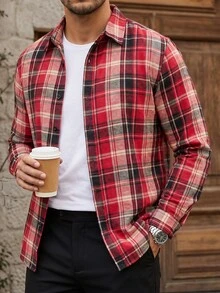Manfinity CasualCool 男士休閒寬鬆格紋長袖西部襯衫，街頭風牛仔牛仔 Rodeo 襯衫，適合秋季與聖誕節 - 彩色 - 查看 4