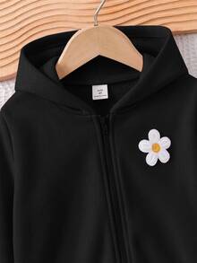 女童休閒多功能舒適蝴蝶印花連帽拉鍊針織外套，秋冬服飾 - 黑色 - 查看 3