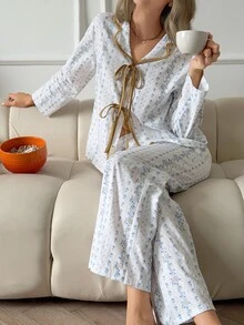 DAZY Women's Ditsy Floral Front Tie Long Sleeve Top And Long Pants Pajama Set - White - View 10