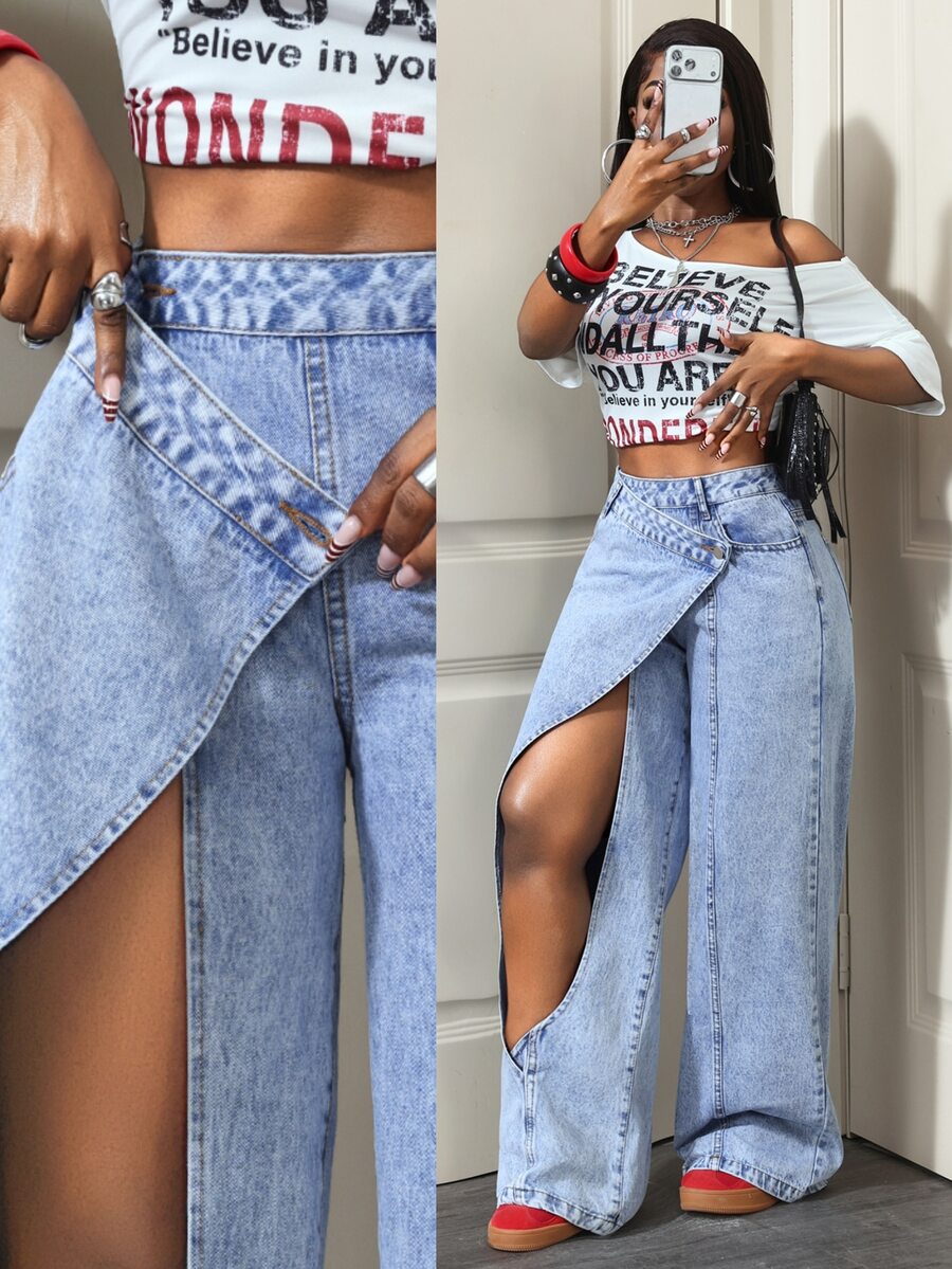 Slaydiva Women's Pocket Button Versatile Daily Casual Denim Jeans - Blue - View 1