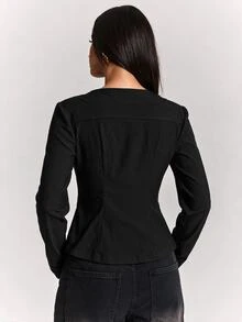 SHEIN BAE 女款純色長袖單排扣休閒通勤西裝外套 - 黑色 - 查看 2