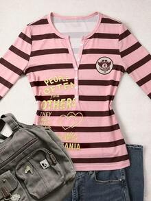 IslaSuriya Striped Letter Print Button Half Placket Long Sleeve Top - Pink - View 4