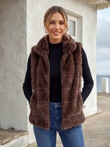 Faunlyn Jaket Rompi Bulu Imitasi Bergaya Vintage dengan Resleting untuk Wanita - Coklat - View 6