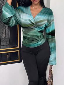 Slaydiva 休閒女款T恤，簡約綠色抽象紮染圖案，適合四季穿著 - 彩色 - 查看 5