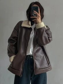 DAZY Women's Colorblock PU Leather Fashion Versatile Long Sleeve Leather Jacket - Brown - View 5