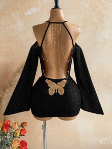 Soleia Women's Butterfly Pattern Fashion Date Party Mini Dress - Black - View 7