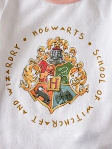 PrepCrw HARRY POTTER X SHEIN 3件組女嬰優雅休閒學院風精緻舒適百搭針織可愛卡通圖案長袖圓領連身衣，白色與粉色，適合日常穿著、外出、聚會、假日派對、四季皆宜、慶祝活動與生日 - 彩色 - 查看 4