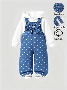Genkimix Kids 女嬰牛仔吊帶褲，四季新款，甜美可愛大蝴蝶結裝飾，中洗藍色牛仔布配白色波點印花，經典時尚，可調節金屬扣肩帶方便穿脫，寬鬆版型，優質棉牛仔面料，可搭配T恤、襯衫、衛衣，適合日常穿著、休閒外出與玩耍 - 中等水洗藍 - 查看 1