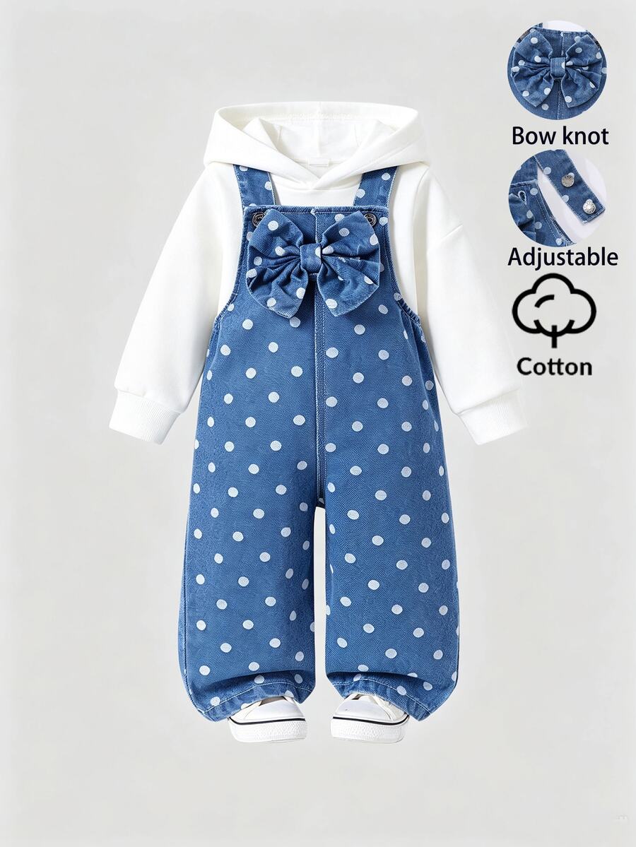 Genkimix Kids 女嬰牛仔吊帶褲,四季新款,甜美可愛大蝴蝶結裝飾,中洗藍色牛仔布配白色波點印花,經典時尚,可調節金屬扣肩帶方便穿脫,寬鬆版型,優質棉牛仔面料,可搭配T恤、襯衫、衛衣,適合日常穿著、休閒外出與玩耍 - 中等水洗藍 - 查看 1