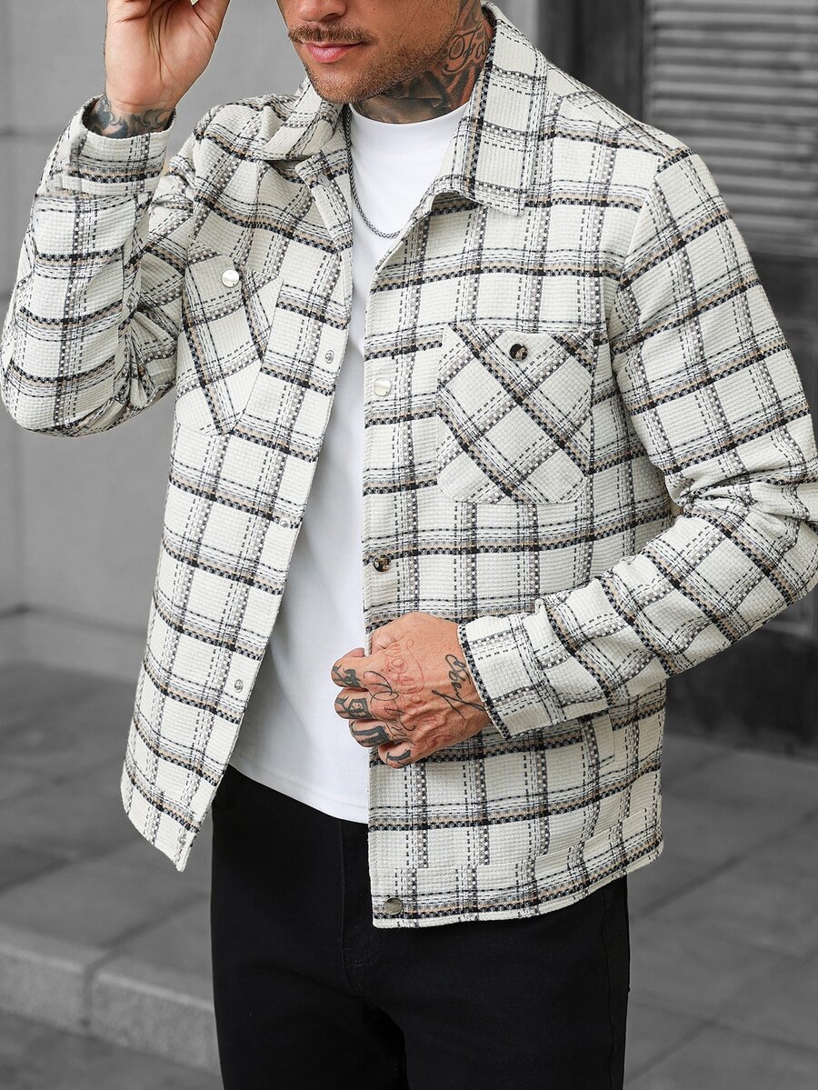 Manfinity Homme 男士休閒混紡羊毛格紋夾克,適合日常通勤穿著,也是送給男友與丈夫的理想禮物 - 杏色 - 查看 1