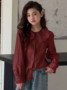 DAZY Tween女孩秋季服飾 蕾絲娃娃臉泡泡袖長袖甜美襯衫 - 紅木色 - 查看 5