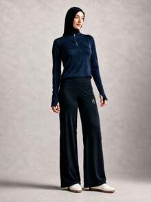 Activina Women's Ruched Waist Wide Leg Loose Athletic Pants - Black - View 3