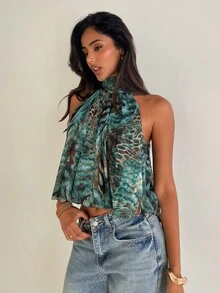 Aloruh Boho Sexy Halter Neck Chiffon Leopard Print Women's Top - Multicolor - View 5