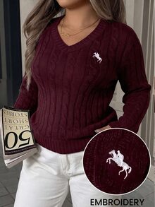 SHEIN EZwear Plus Size Vintage Fashion Embroidered Long Sleeve Pullover Sweater - Burgundy - View 6