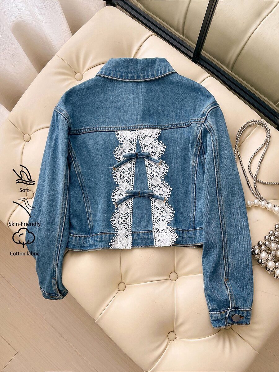SHEIN Girls' Denim Jacket, Fashionable Versatile Vintage Washed Denim Coat With Lace Trim Patchwork Pattern And Bow Decor, Casual Lapel Collar, Long Sleeve Washed Denim Jacket - Blue - View 1