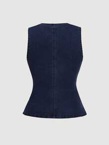 SHEIN MOD Atasan Rompi Denim Kasual Wanita Kerah Bulat dengan Kancing Logam Tunggal - Dark Wash - View 3