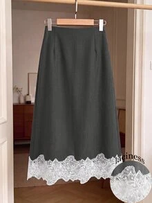 GlowEve CURVE Plus Size Women Lace Patchwork Casual Versatile Daily Wear Skirt - Grey - View 1
