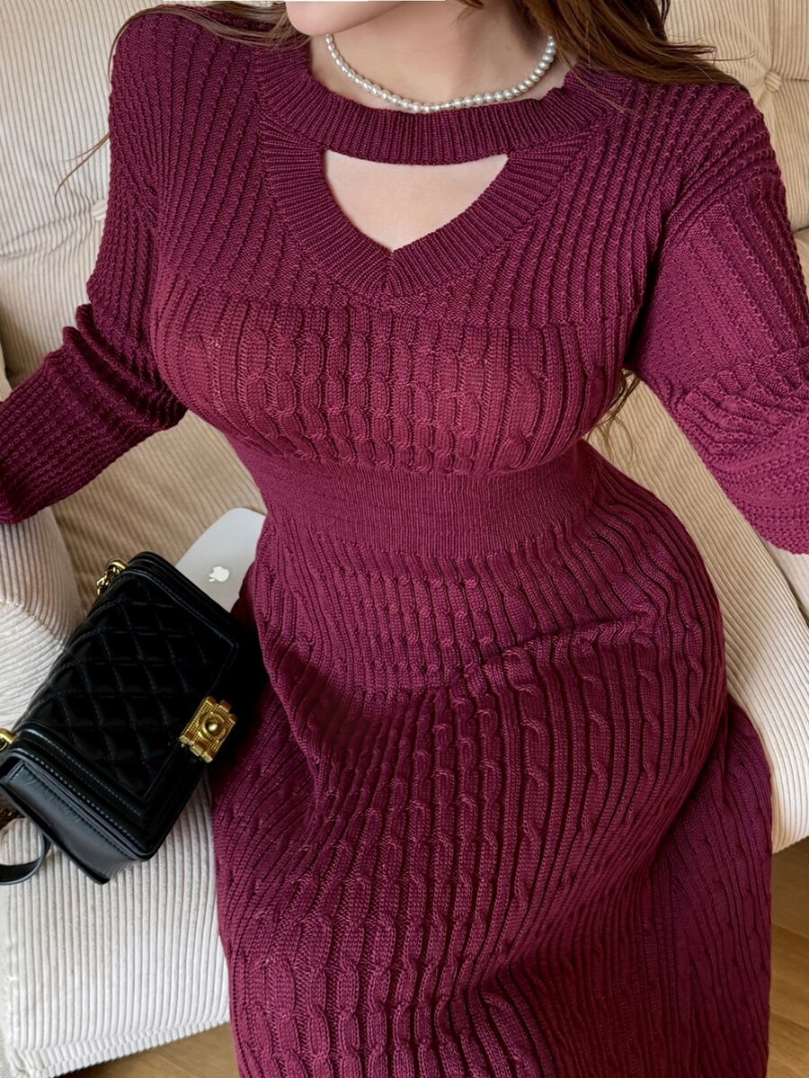 Feyla Women's Plus Size Casual Versatile Cable Knit Long Sleeve Dress - Burgundy - View 1