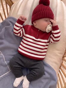SHEIN Vintaside Kids Baby Boy Striped Zipper Half-Placket Long Sleeve Casual Sweater - Red - View 8