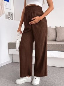 SHEIN Maternity Solid Color Waist Gathered Wide Leg Loose Long Pants - Coffee Brown - View 5