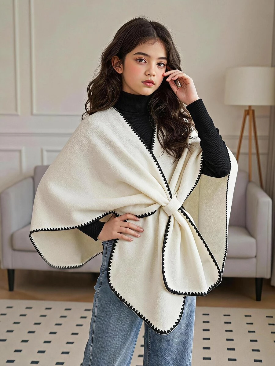 Tween Girl Vintage Fashion Shell Embroidery Shawl Collar Overcoat - Beige - View 1