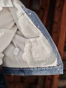 Anewsta Jaket Jeans Biru Patchwork Wol Domba Komposit Mode Baru untuk Wanita - Krem - View 8