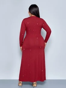 SOLERSUN Designed For European And American Women With Wide Hips And Large Belly, Asymmetrical Neckline Long Sleeve Glitter Evening Gown, Side Ruched Cinched Waist Effect, Asymmetrical Ruffle High Slit Design, Suitable For Banquets, Dinner Parties And Various Formal Occasions - Red - View 6