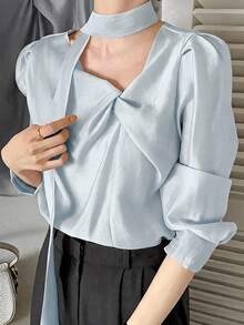 DAZY Women's Tie-Up Elegant Korean Style Long Sleeve Spring/Summer Blouse - Baby Blue - View 4