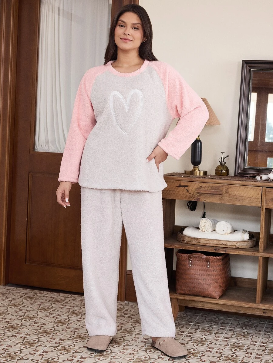 Doze Lane Women's Plus Size Coral Fleece Heart Embroidery Thick Long Sleeve Pajama Set - Multicolor - View 1