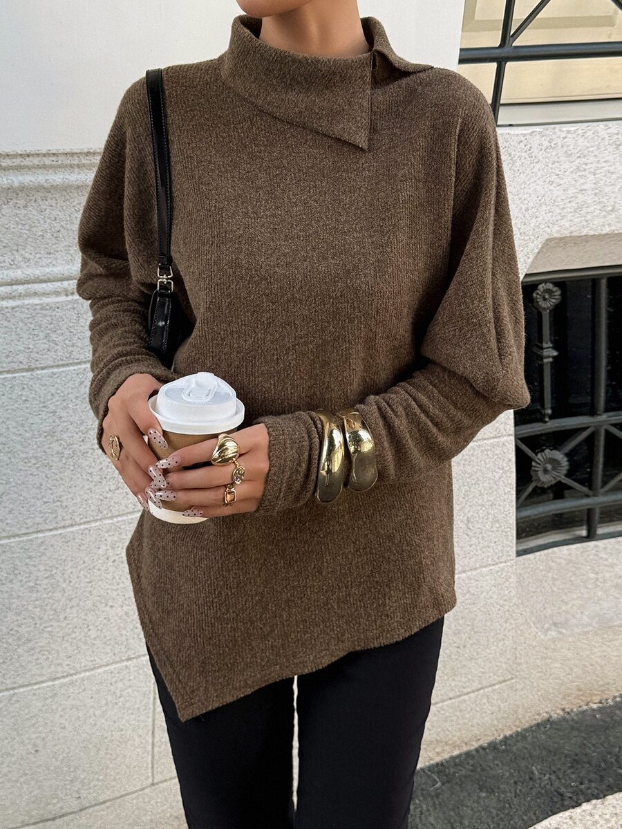 DAZY Women's Asymmetric Folded High Neck Long Sleeve Solid Color Side Slit Hem Loose Casual Commute Coffee Brown Knit Top T-Shirt, Autumn/Winter - Brown - View 1