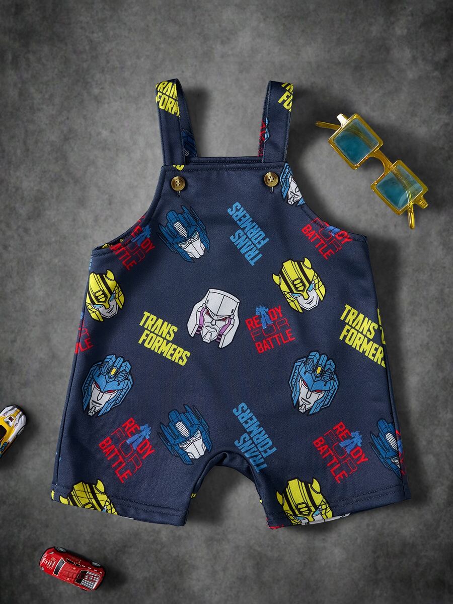 Transformers X SHEIN Baby Boy Letter Print Suspenders Romper Evergreen - Blue - View 1