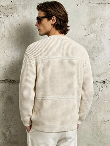 Manfinity Dauomo Old Money Style Men's Round Neck Hollow Knit Top, Early Autumn Casual Double Horizontal Stripe Mesh Long Sleeve Half-Button Pullover Sweater - Apricot - View 2