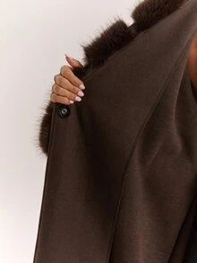 SHEIN BAE Women's Faux Fur Patchwork Long Sleeve Wool Blend Coat - Coffee Brown - View 8