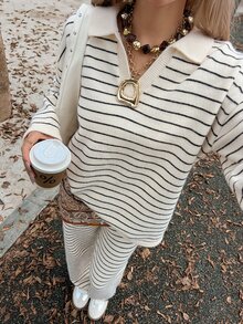 DAZY Women's Striped Colorblock Long Sleeve Top And Pants Knit 2 Pieces Set - Beige - View 1