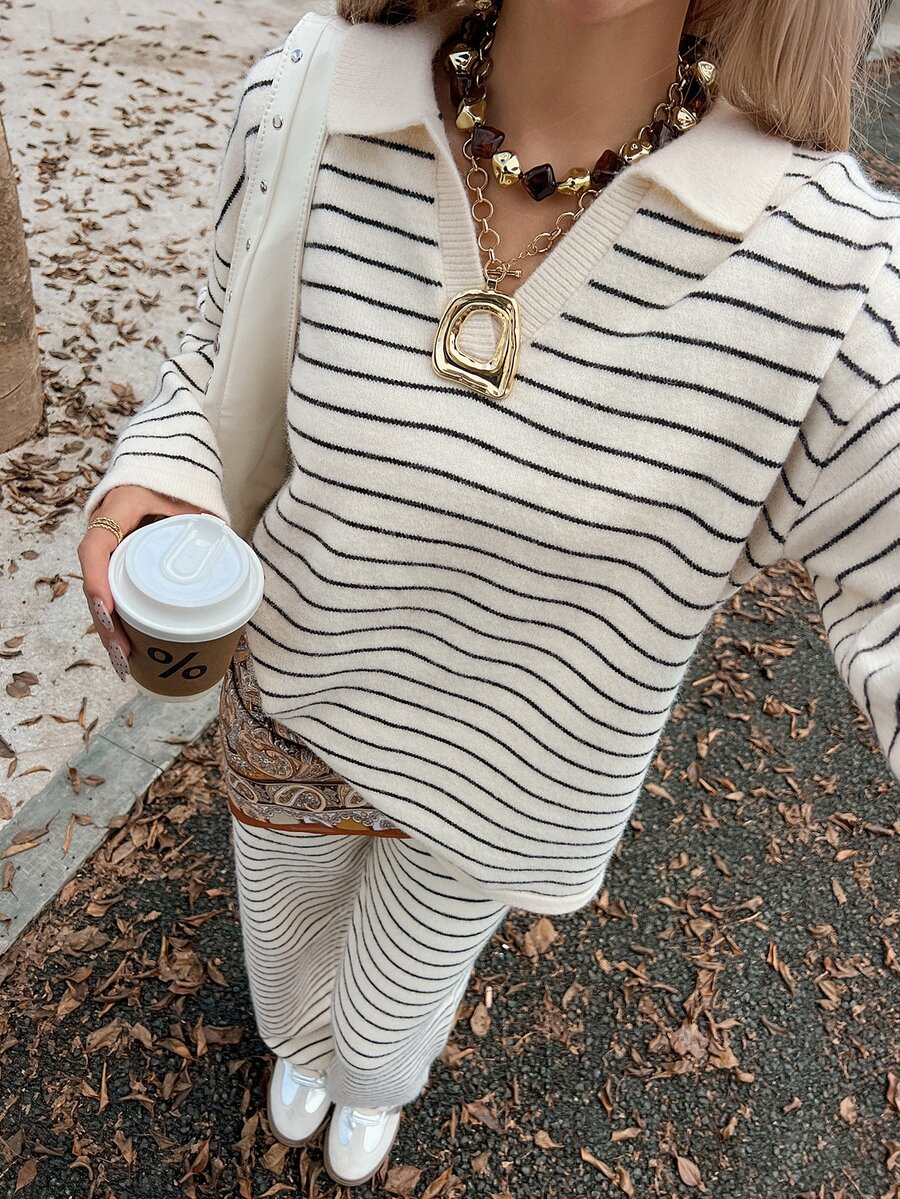 DAZY Women's Striped Colorblock Long Sleeve Top And Pants Knit 2 Pieces Set - Beige - View 1