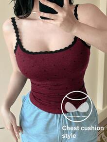 DAZY 女款蕾絲拼接波點無袖修身背心上衣 - 酒紅色 - 查看 3