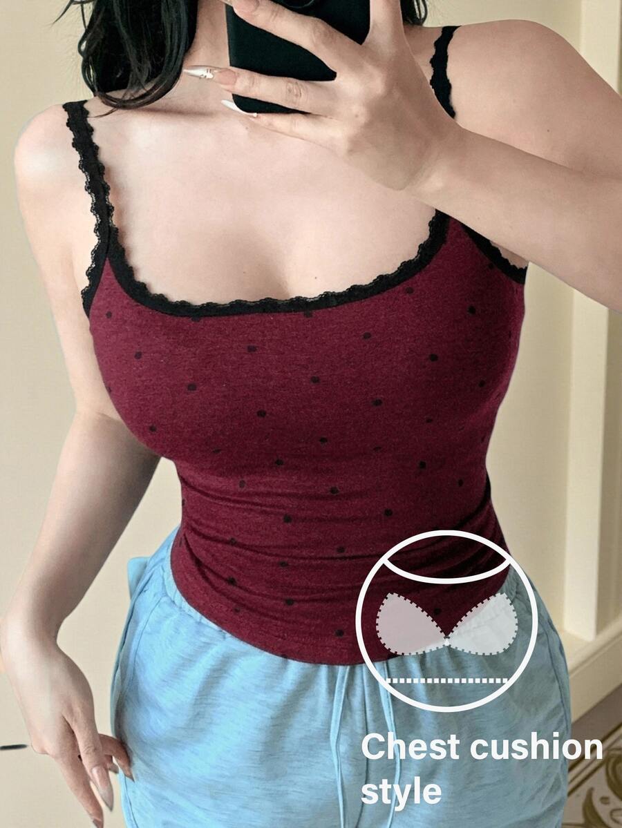 DAZY Women's Lace Patchwork Polka Dot Sleeveless Fitted Tank Top - Burgundy - View 1