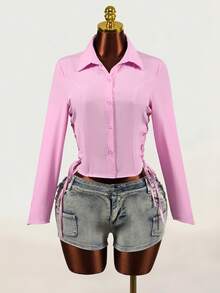 Mistrie Women's Fashion Button Cinched Waist Long Sleeve Shirt - Pink - View 5