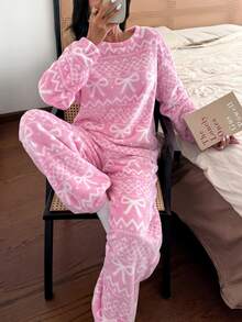 SHEIN European & American Fluffy Pajama Set For Women, Autumn/Winter Premium Flannel Loungewear - Pink - View 8