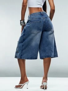 Denimoi Button Front Oversized Denim Jorts Fashionable Streetwear Cool Girl Shorts Fall Outfits - Medium Wash - View 5