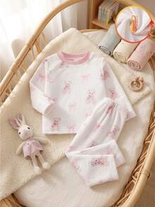 1 Set Baby Girl Round Neck Long Sleeve Pants - Pink - View 1