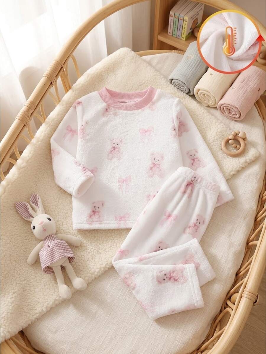 1 Set Baby Girl Round Neck Long Sleeve Pants - Pink - View 1